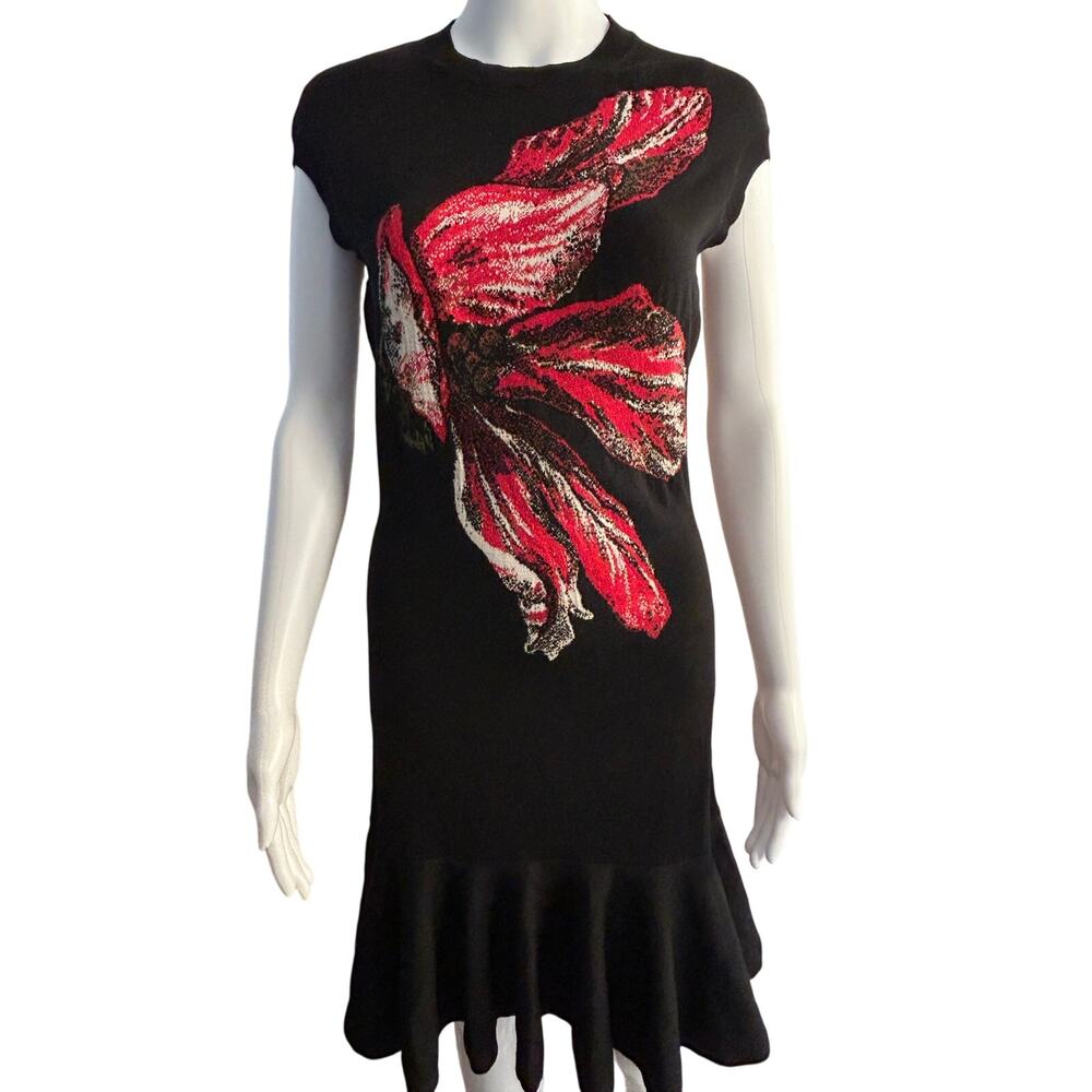 Retail $1700! Alexander McQueen Black Knit Dress Gorgeous Red Print L 8 10 12